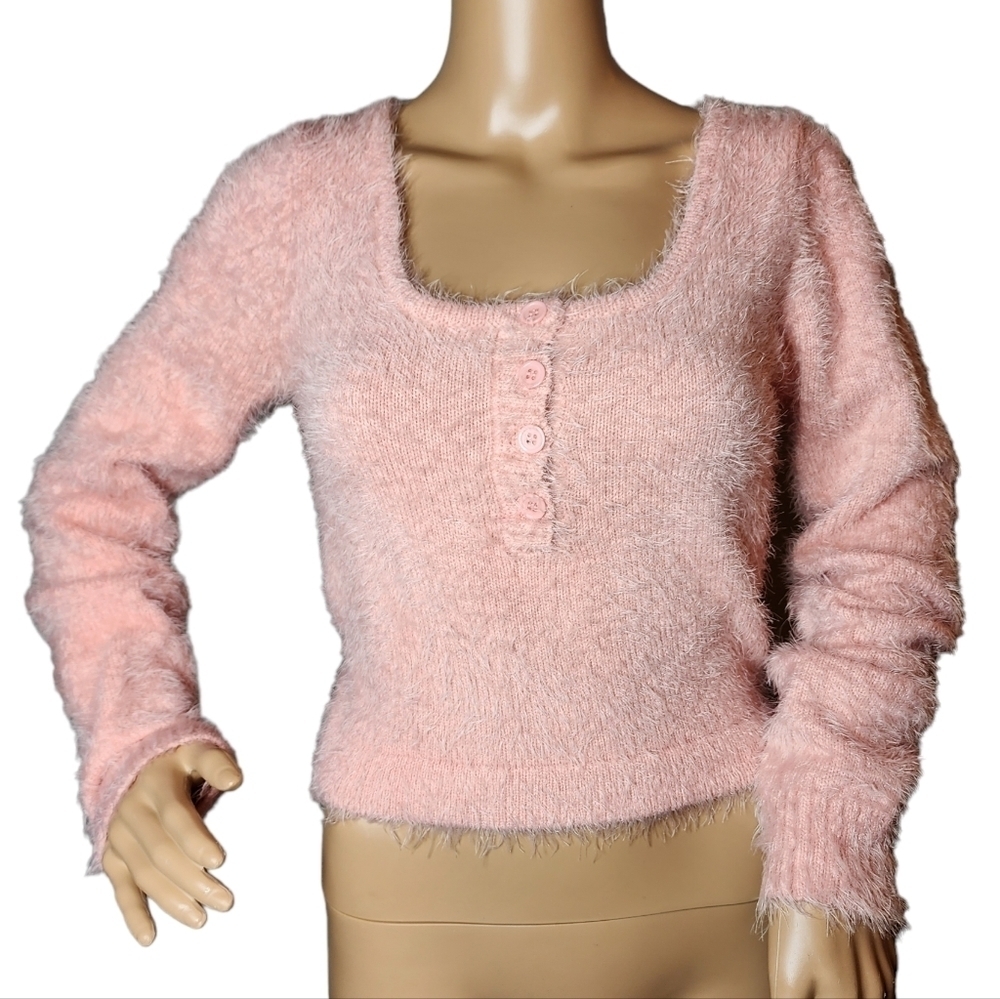 Revolve Superdown Pink Eyelash Sweater ‎  Medium Button Neck Soft Stretch